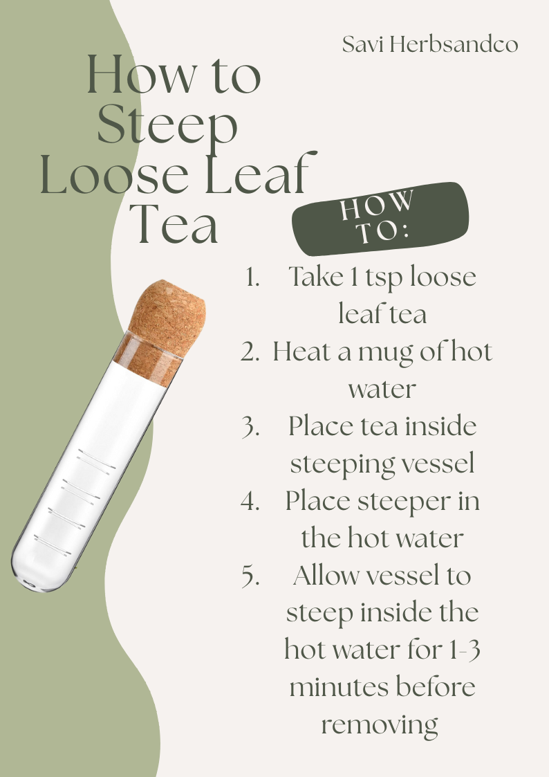 Instructions on how to steep loose leaf tea with a tea bag and water bottle illustration.